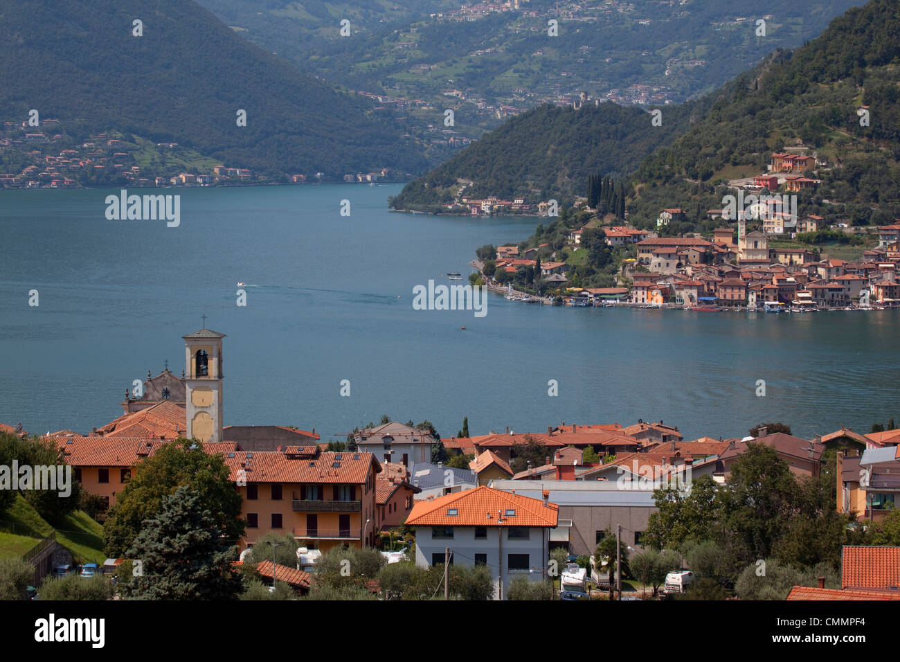 View of Monte Isola from near Sulzano, Lake Iseo, Lombardy, Italian Lakes, Italy, Europe Stock Photo