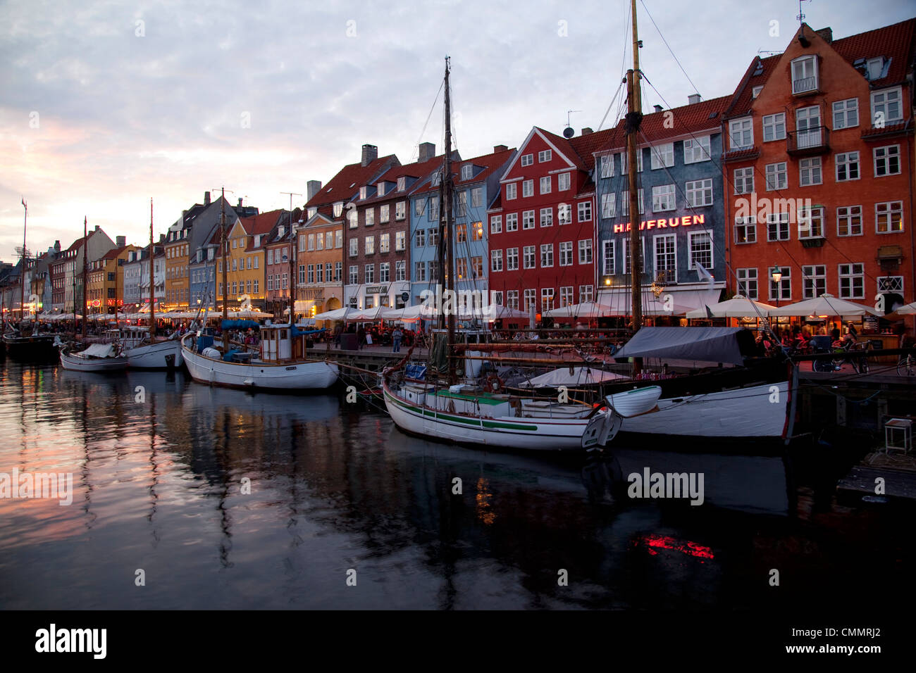 Nyhavn at dusk, Copenhagen, Denmark, Scandinavia, Europe Stock Photo