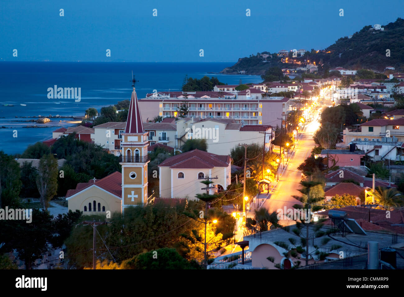 View over town at dusk, Argassi, Zante, Ionian Islands, Greek Islands ...