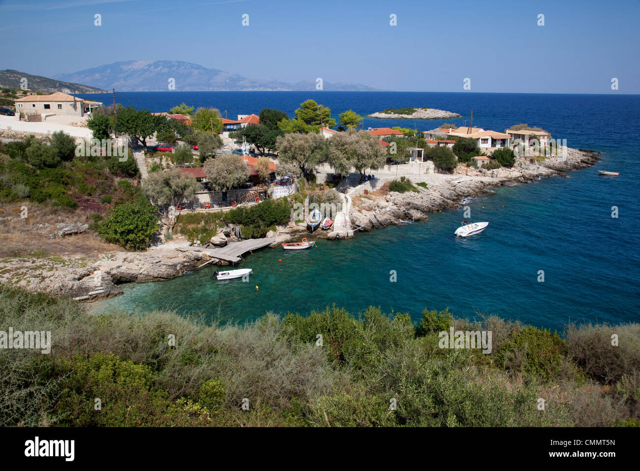 Makrigialos village and Cephalonia Island, Zakynthos, Ionian Islands, Greek Islands, Greece, Europe Stock Photo