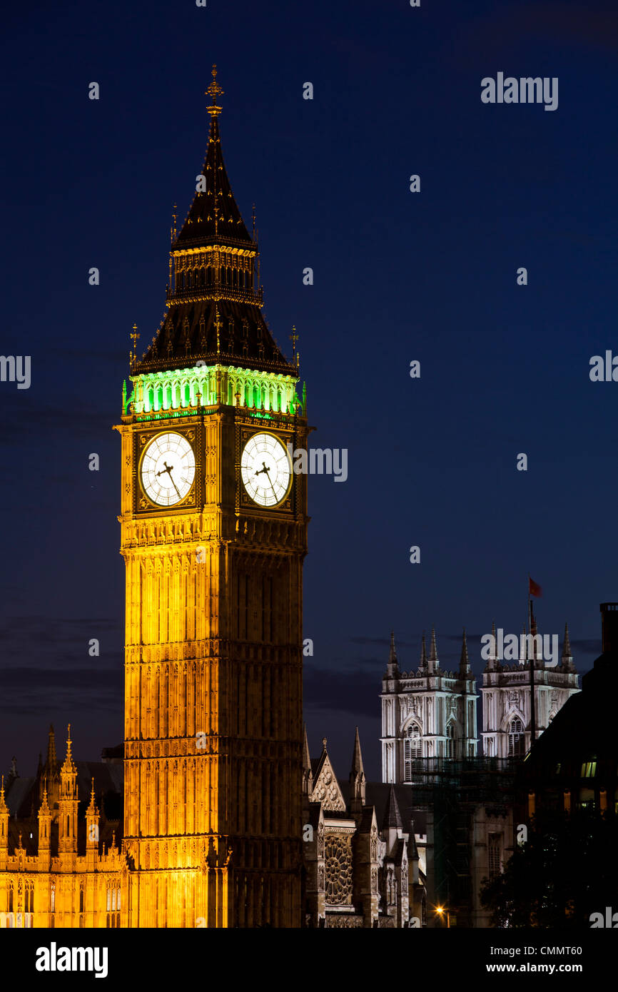 Big Ben and the towers of Westminster Cathedral illuminated at night. Stock Photo