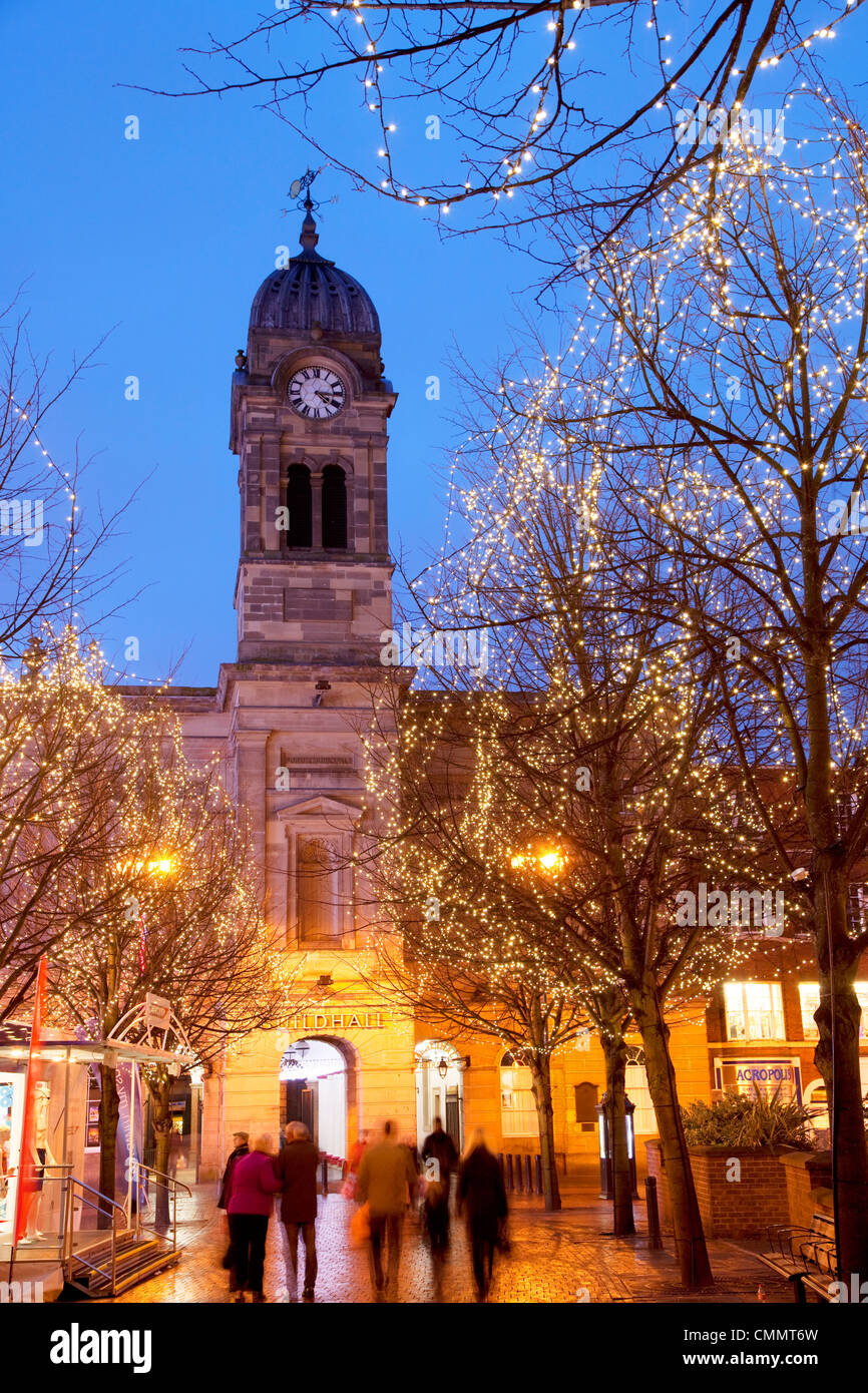 Christmas lights and Guild Hall at dusk, Derby, Derbyshire, England, United Kingdom, Europe Stock Photo