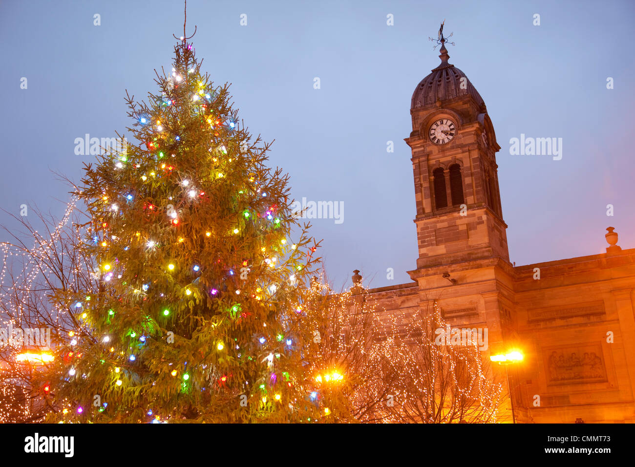 Christmas tree and Guild Hall at dusk, Derby, Derbyshire, England, United Kingdom, Europe Stock Photo