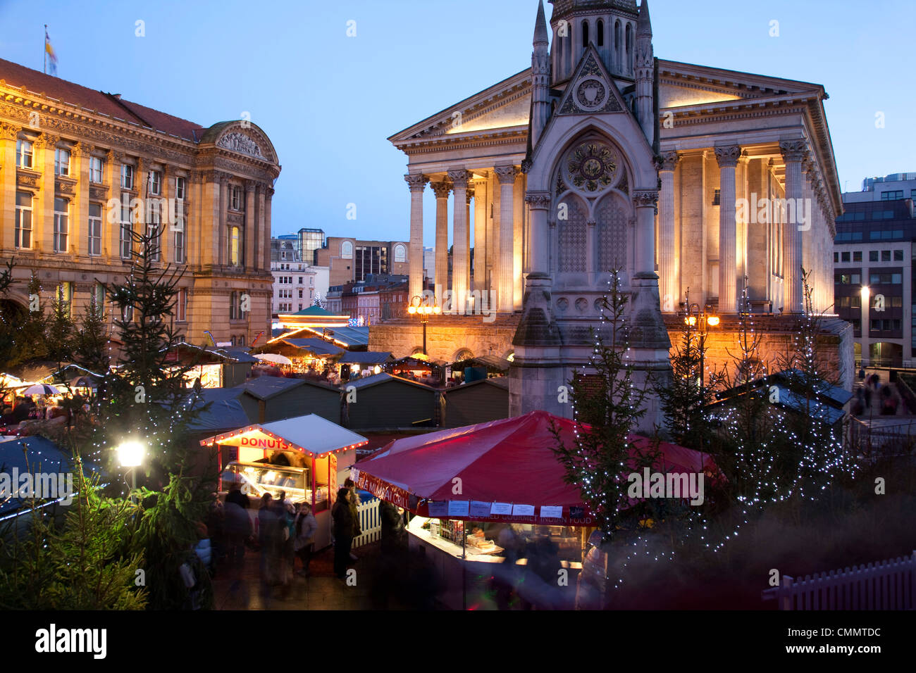 Christmas Market stalls and Town Hall, City Centre, Birmingham, West Midlands, England, United Kingdom, Europe Stock Photo