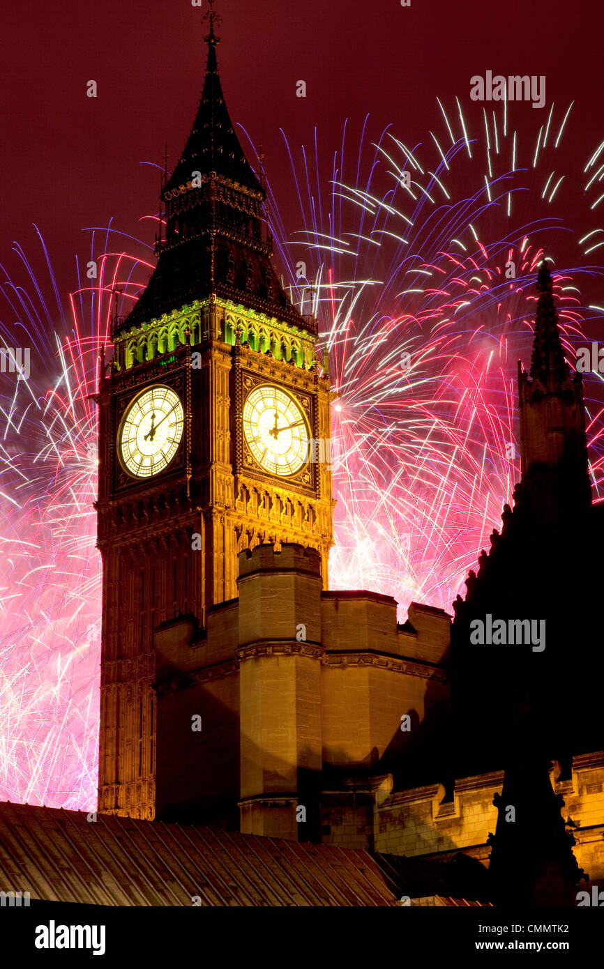 New Year fireworks and Big Ben, Houses of Parliament, Westminster
