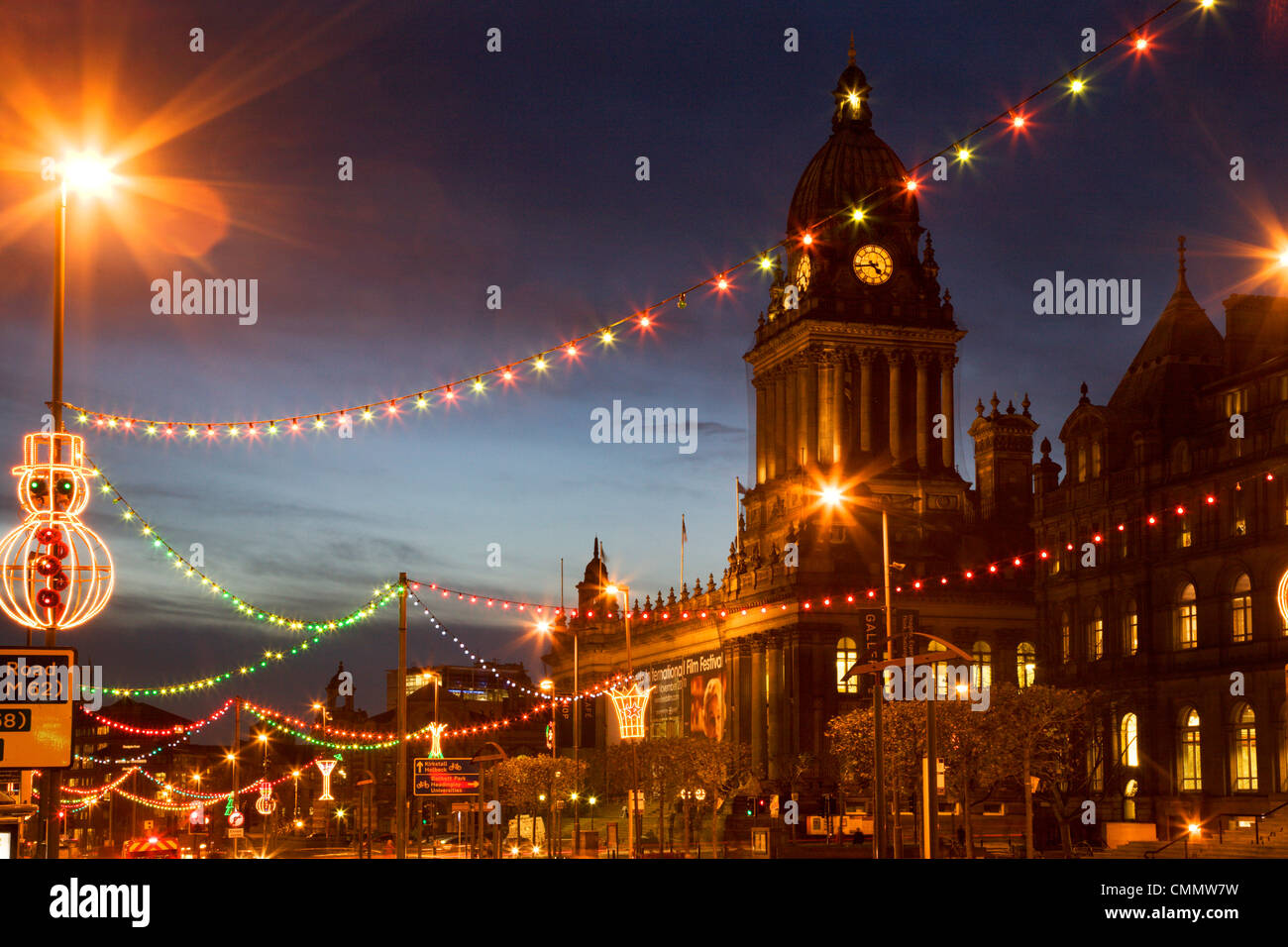 Town Hall and Christmas lights on The Headrow, Leeds, West Yorkshire