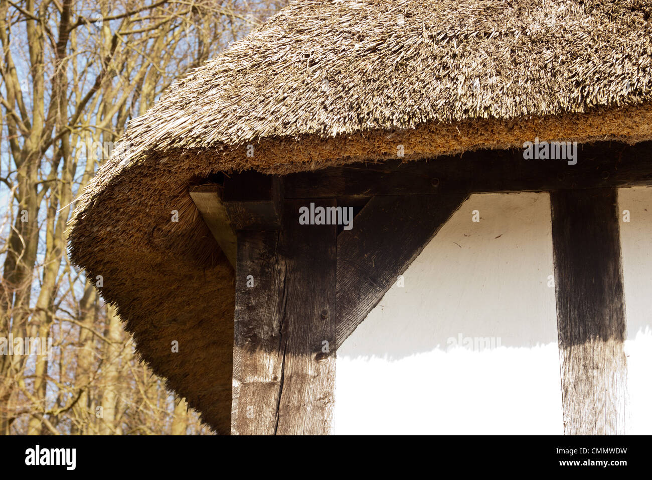 Thatched farm house originally built in 1678, timber framed construction, now sited at St Fagans national history museum. Stock Photo