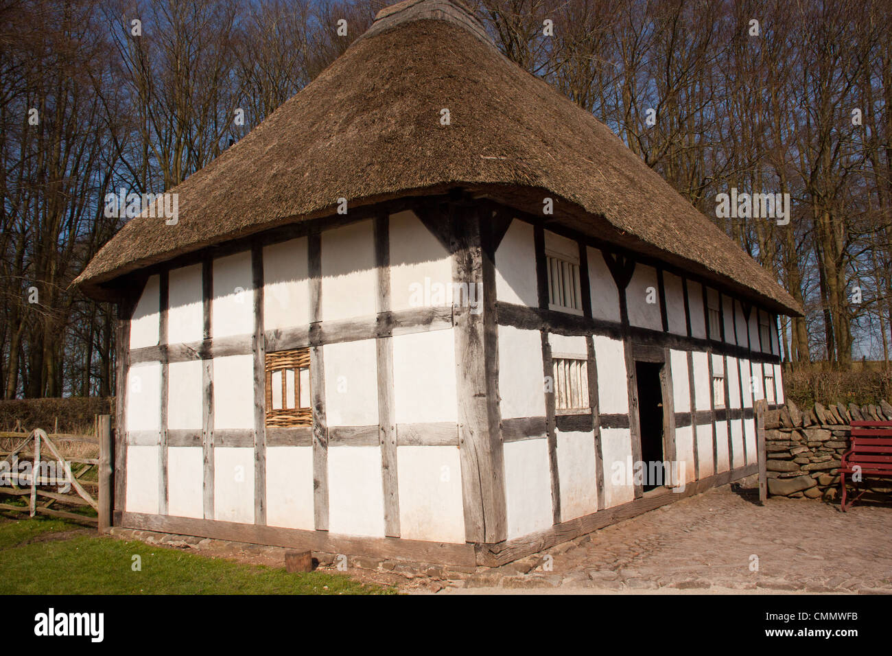 Thatched farm house originally built in 1678, timber framed construction, now sited at St Fagans national history museum. Stock Photo