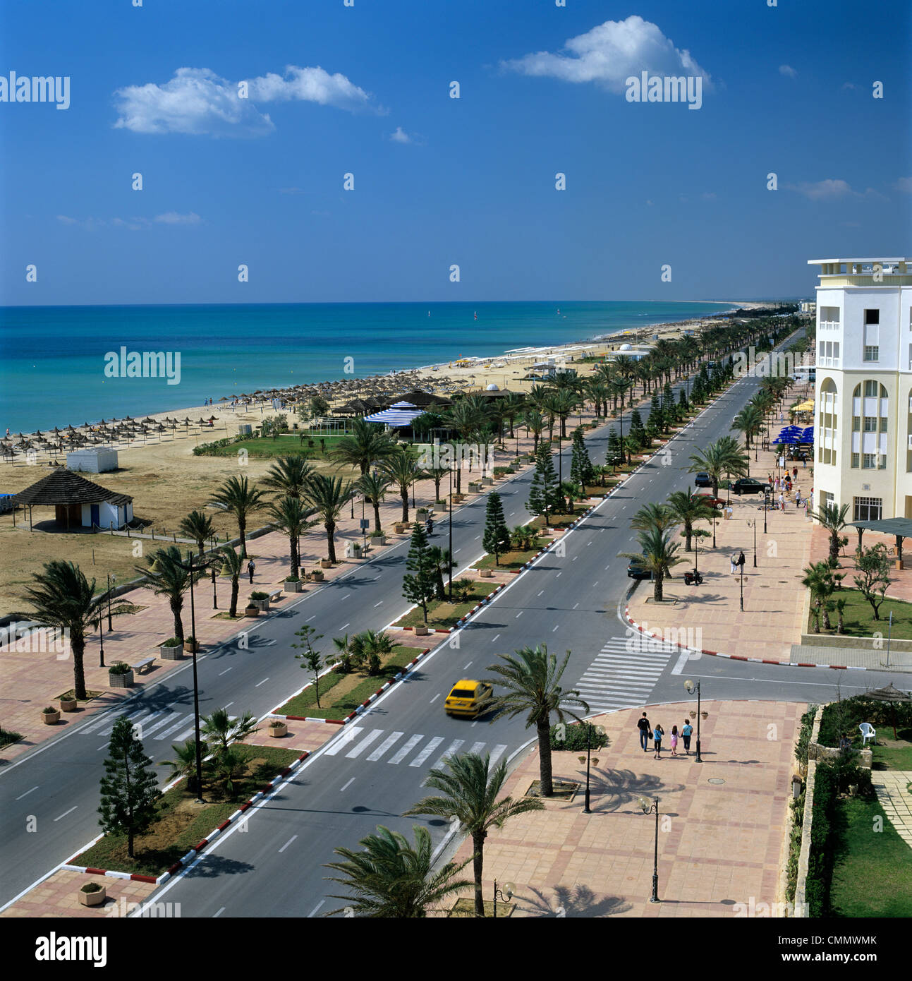 View along beach front from roof of Lella Baya Hotel, Yasmine Hammamet, Cap Bon, Tunisia, North Africa, Africa Stock Photo