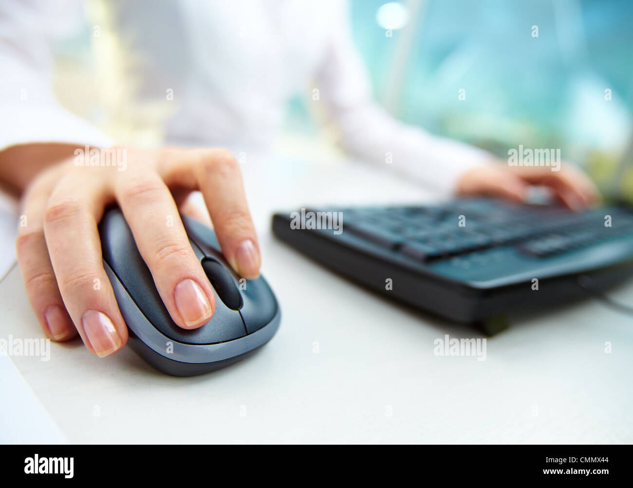 Image of female hands clicking computer mouse Stock Photo Alamy