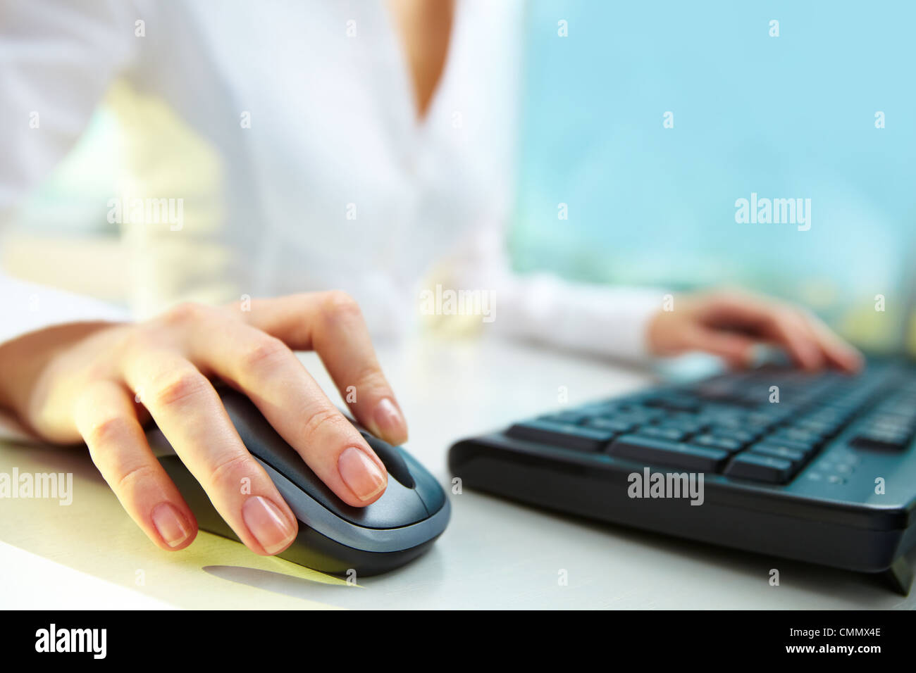 Image of female hands clicking computer mouse Stock Photo Alamy