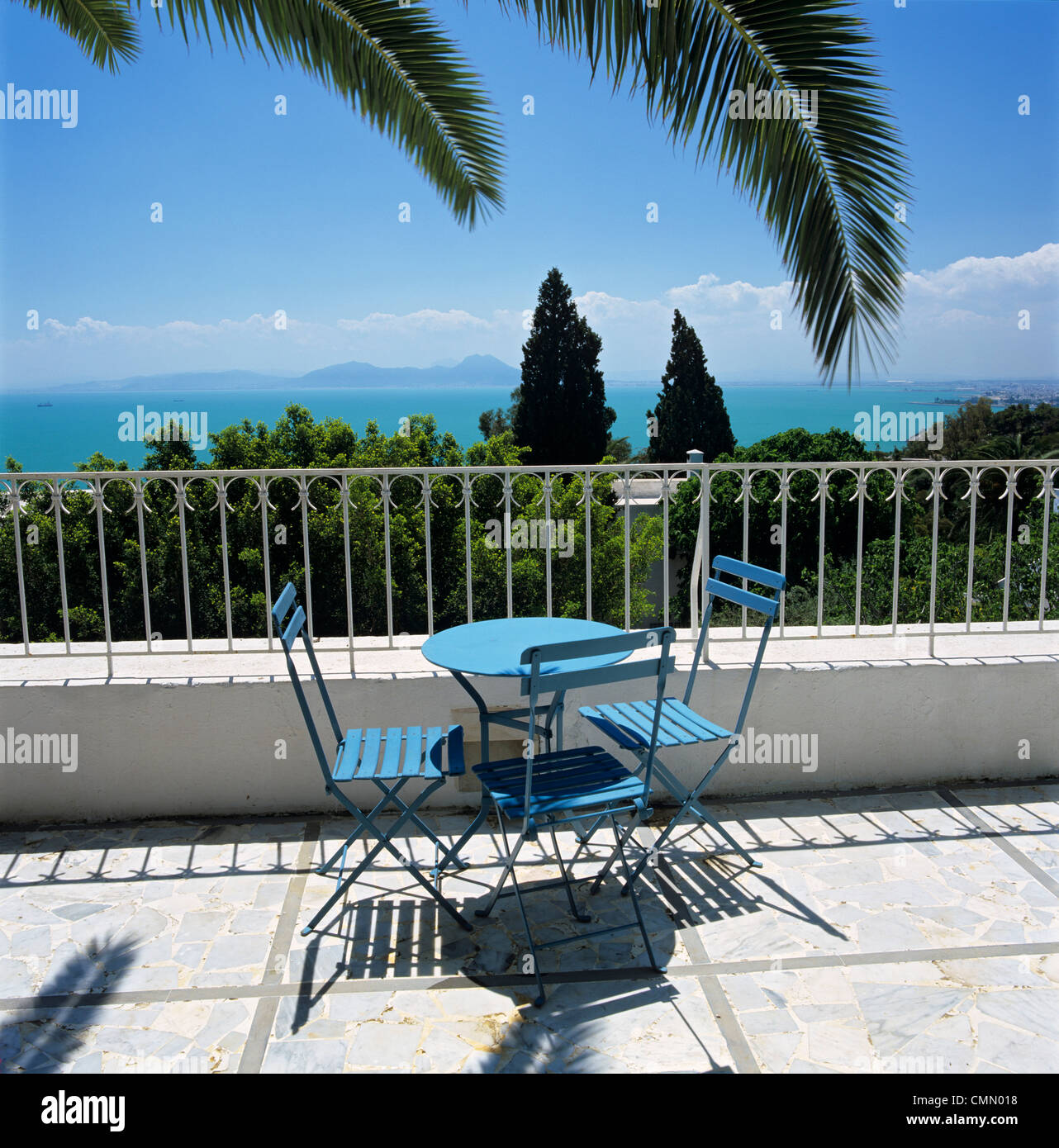 View over Bay of Tunis from terrace of Dar Said Hotel, Sidi Bou Said, Tunisia, North Africa, Africa Stock Photo