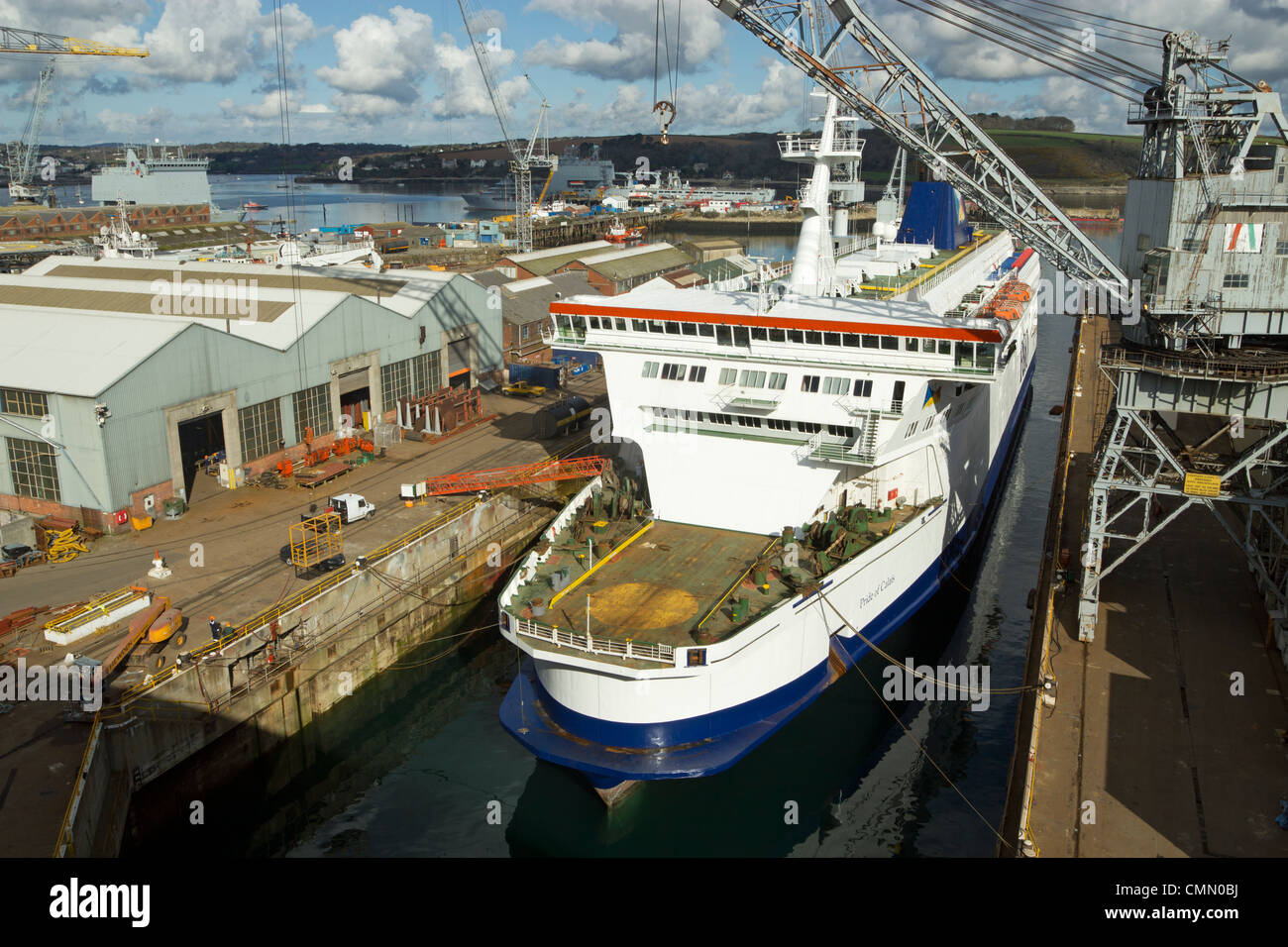The P&O MS Pride of Calais ferry in a Falmouth dockyard dry dock for an annual refit. Stock Photo