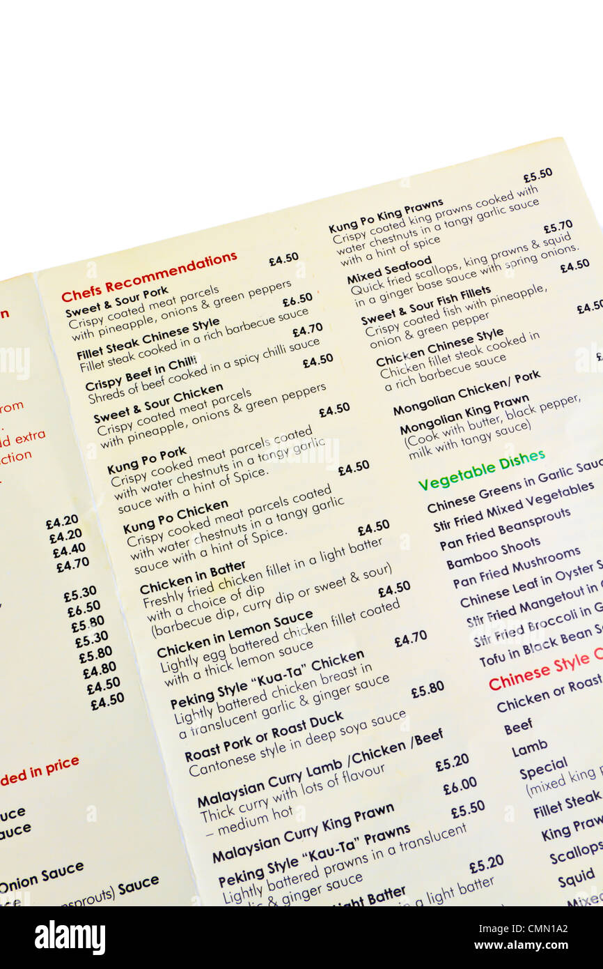 Chinese takeaway menu from an England based restaurant Stock Photo Alamy