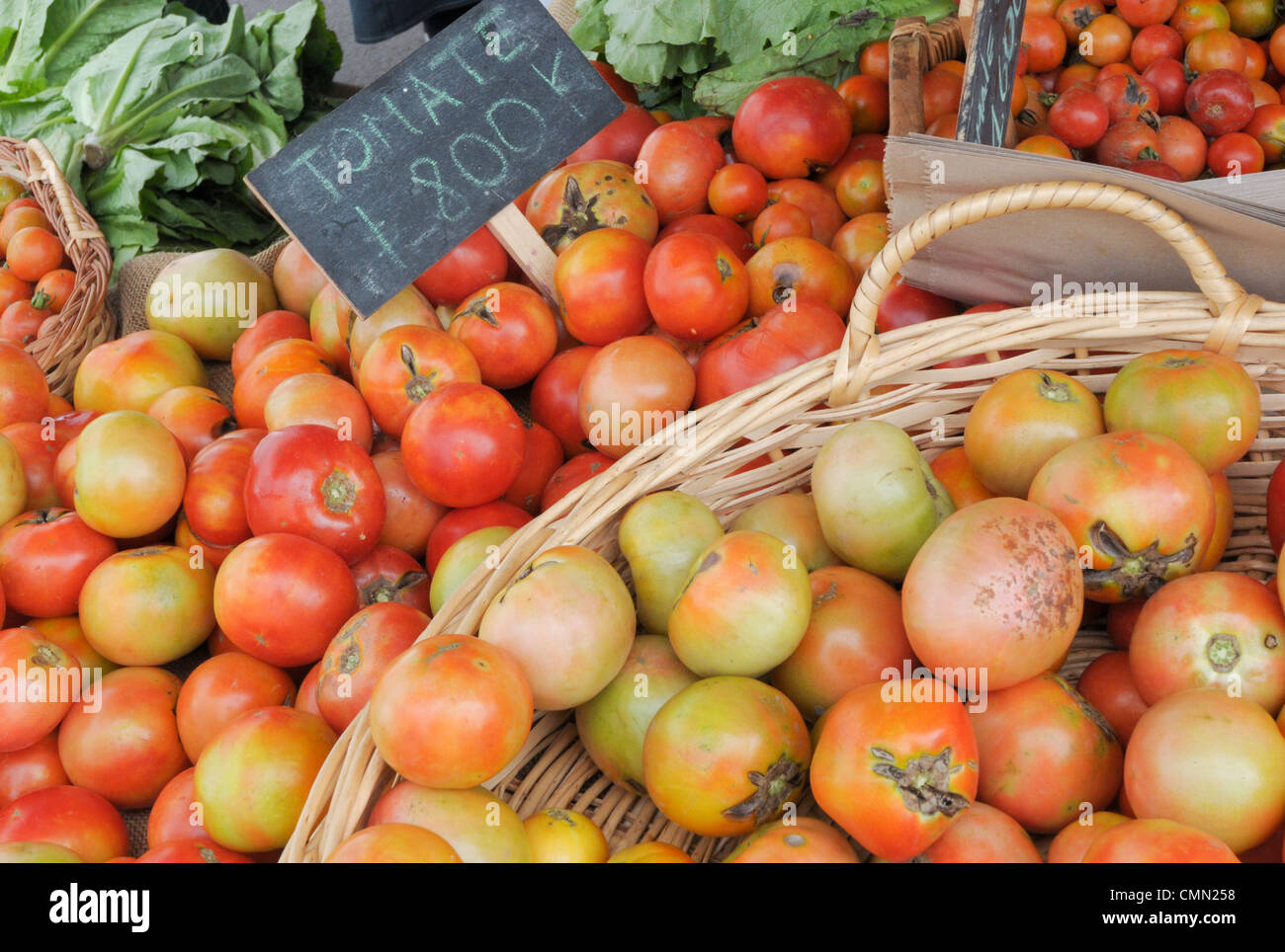 tasty ripe red tomatoes for sale to fair organic Stock Photo