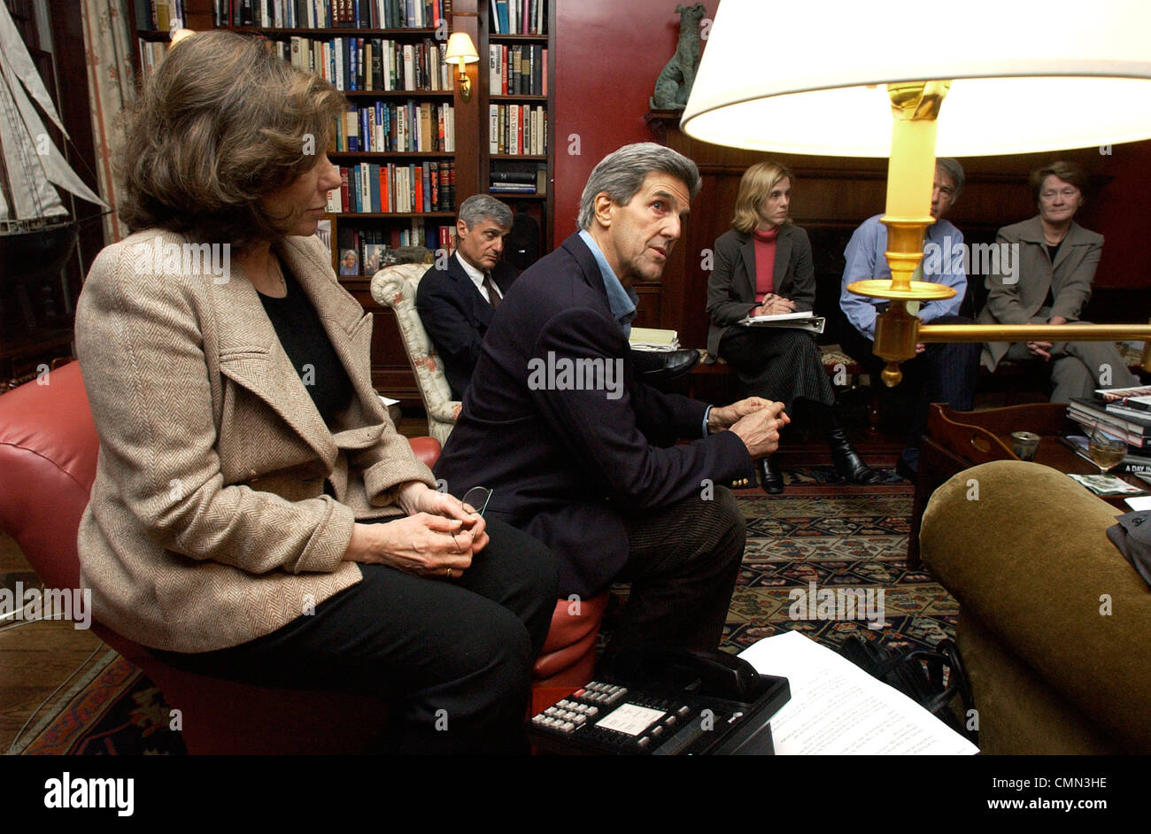Sen. John Kerry speaks to a meeting of his economic policy advisors at his house in Boston Stock Photo