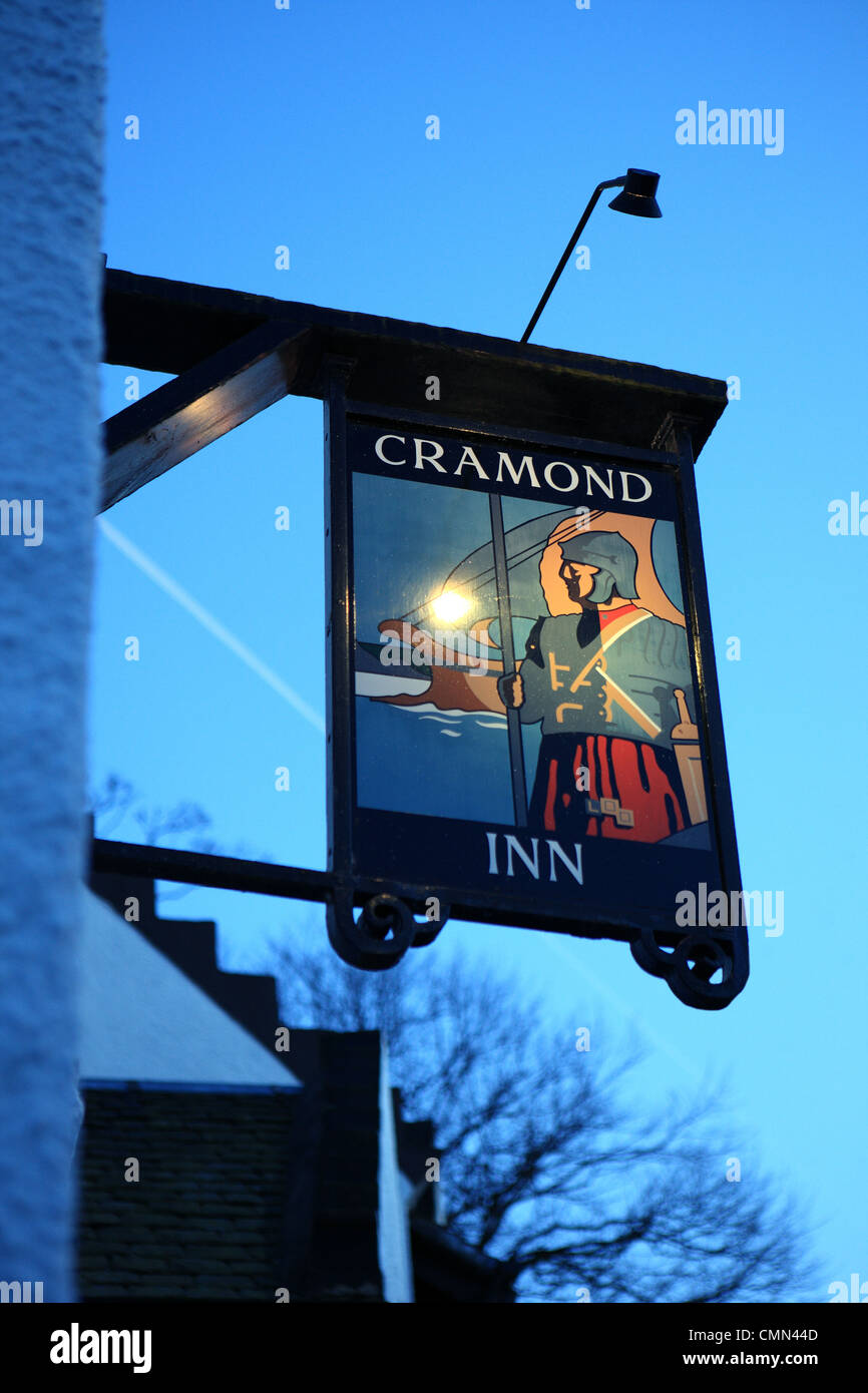 Cramond Inn pub sign in evening light Stock Photo