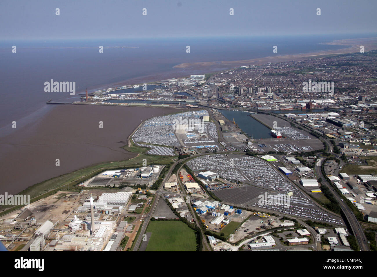 aerial view of Grimsby looking East along the A180 road towards the town centre, North Lincolnshire Stock Photo