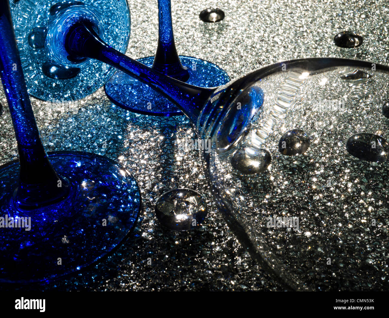 Glass wine glasses with darkblue a leg on crystal glass Stock Photo