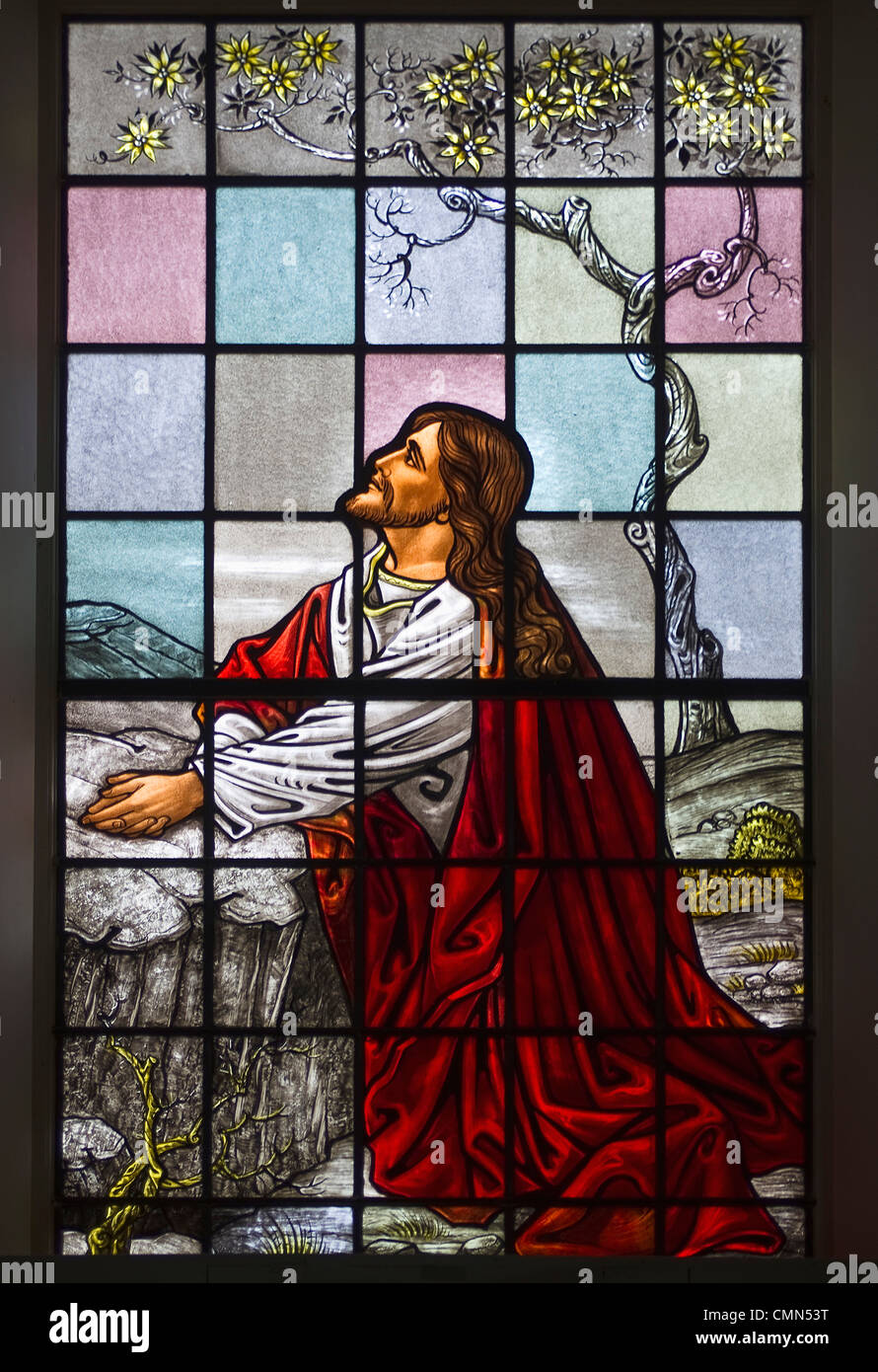 USA, Hawaii, Kona. Stained glass window in historic Mokuaikaua Church