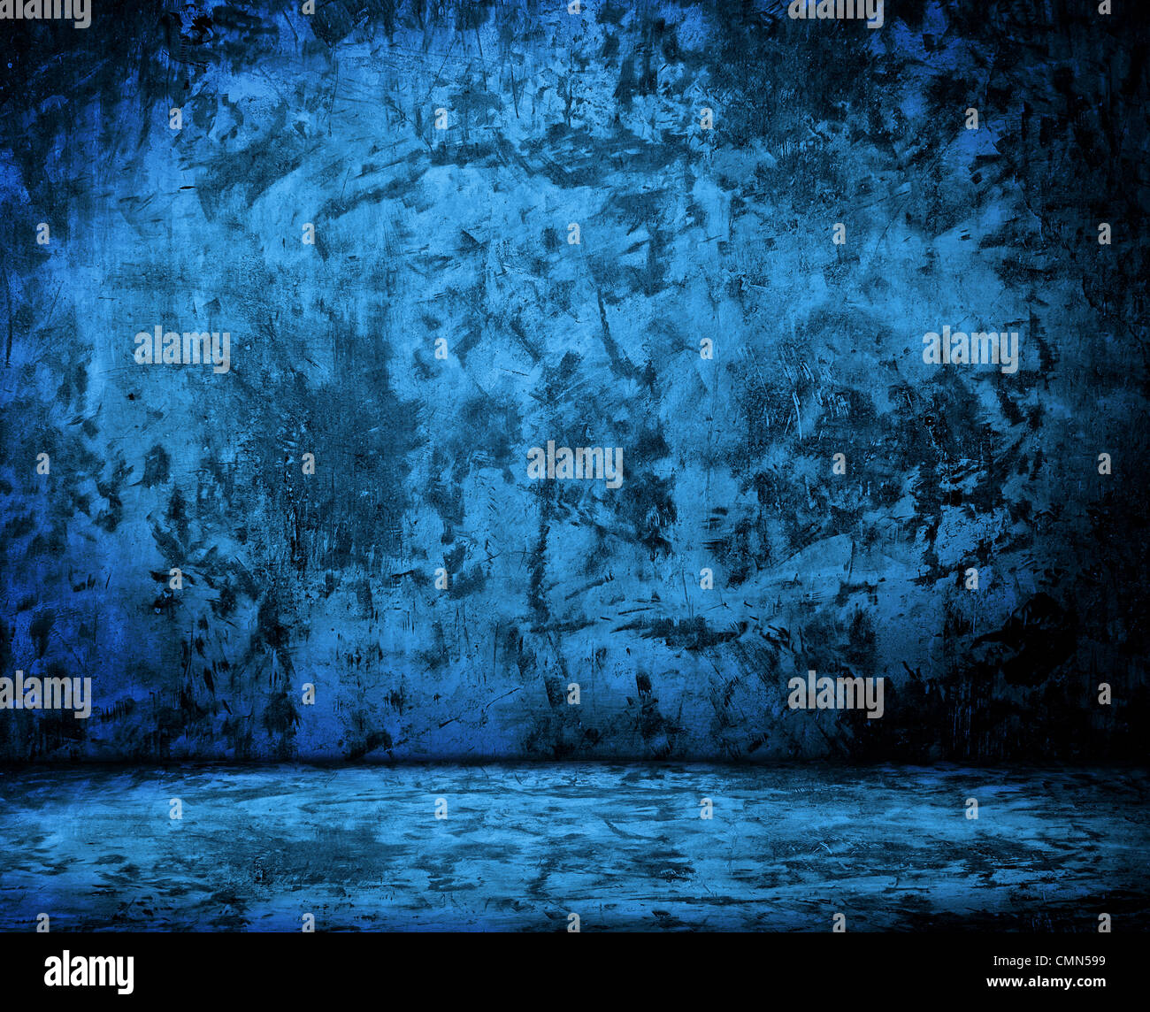 blue empty room with grunge concrete wall and cement floor Stock Photo