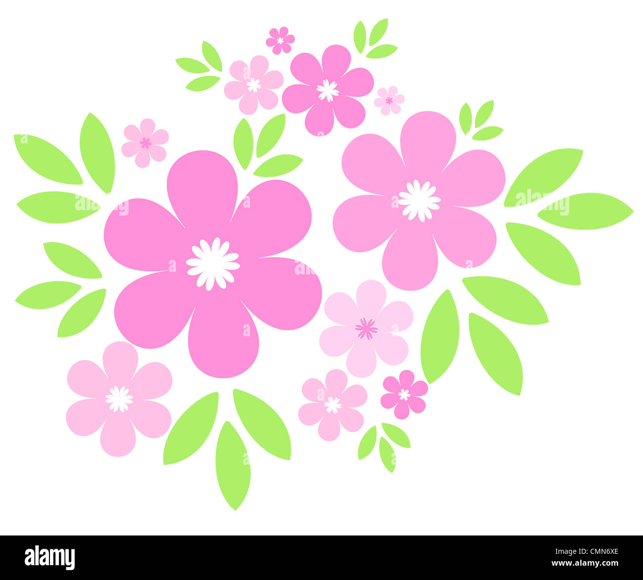 Pink flowers and green leaves design on white Stock Photo