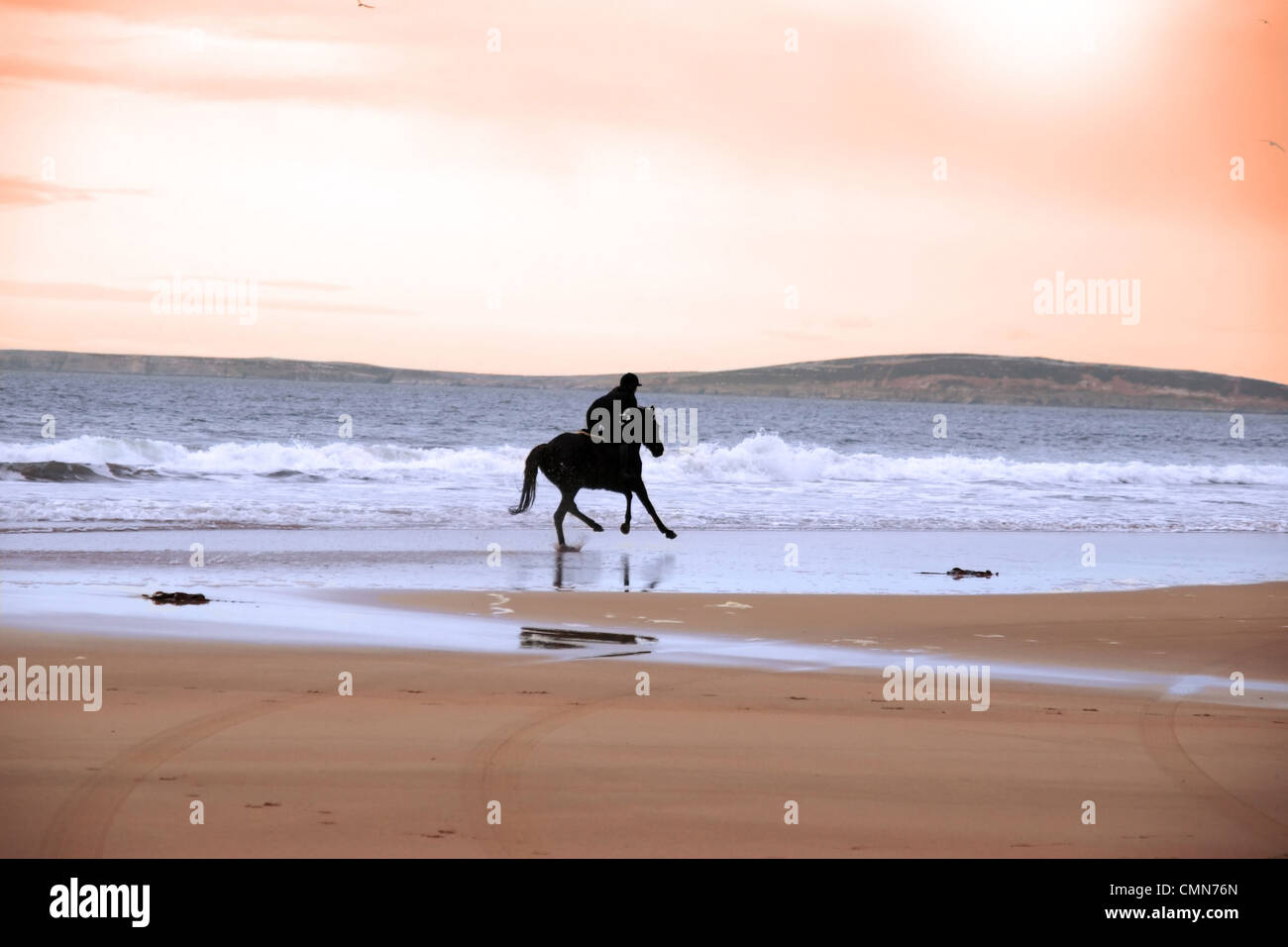 silhouette of a horse and rider galloping on ballybunion beach at ...