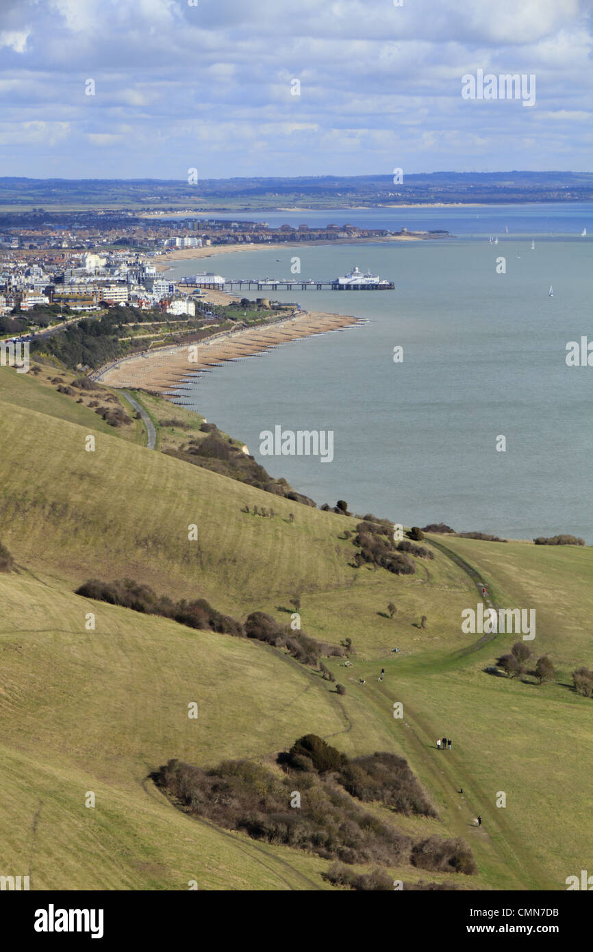 A view across Eastbourne and along the Sussex Coast towards Bexhill & Hastings from Beachy Head on the South Downs Stock Photo