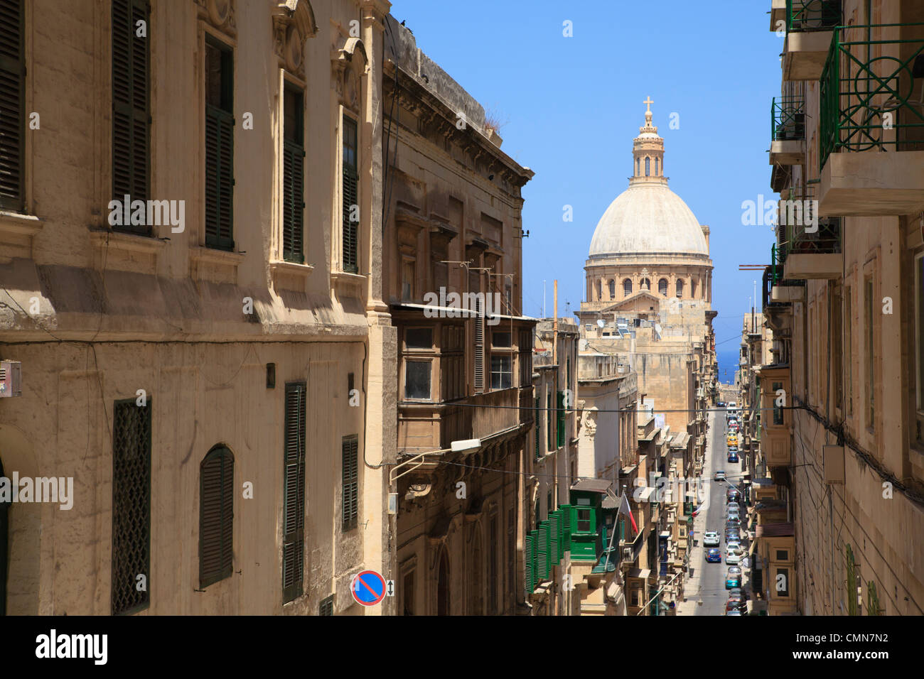 View of Old Mint Street and Carmelite Church, Valletta, Island of Malta Stock Photo