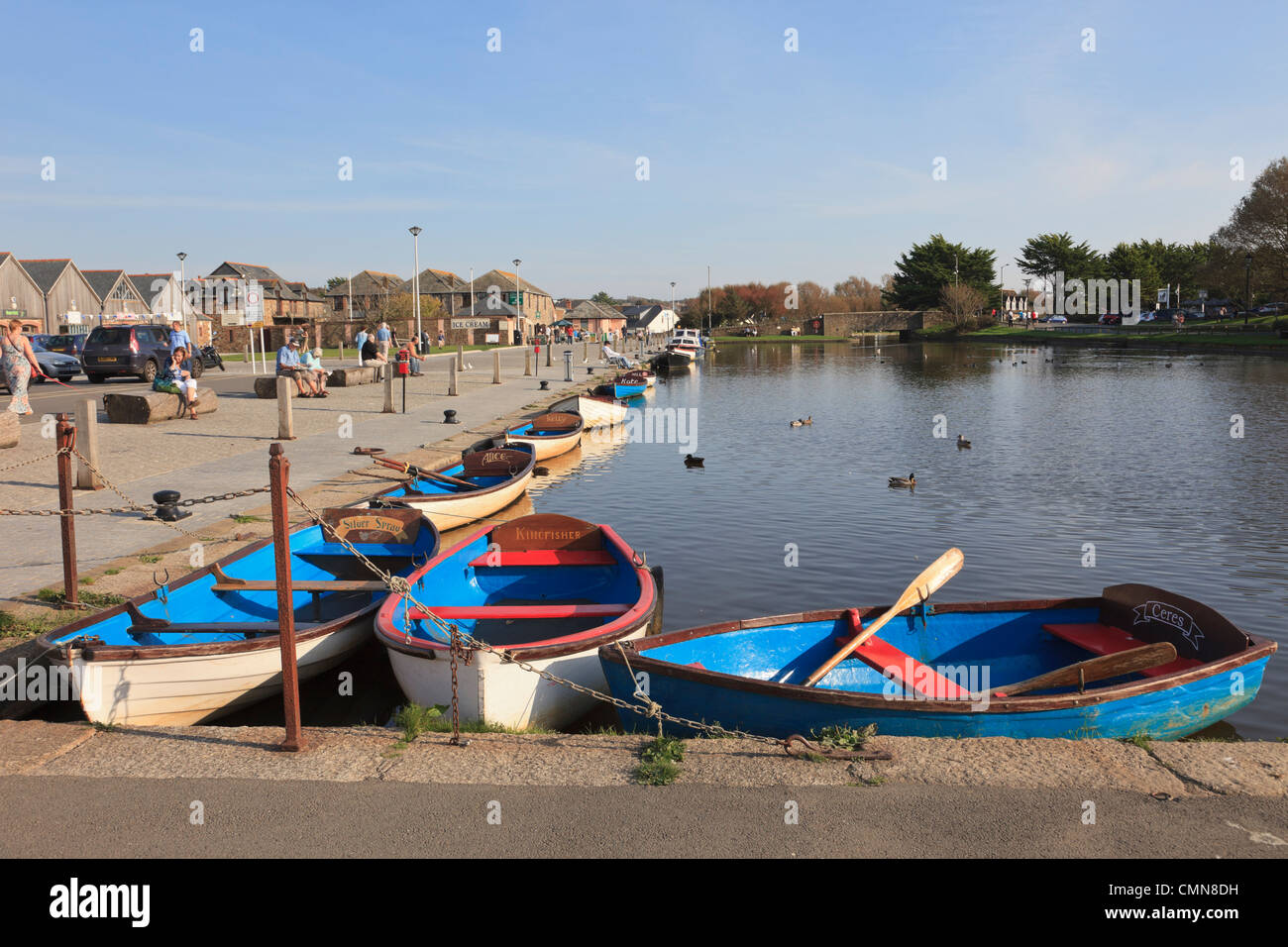 Rowing boats for hire moored on the canal at Lower Wharf, Bude, North
