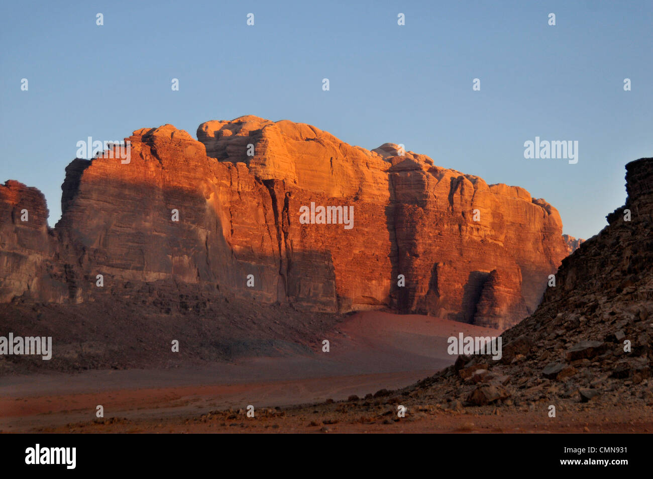 Mountain of sandstone rock in Wadi Rum, Jordan Stock Photo
