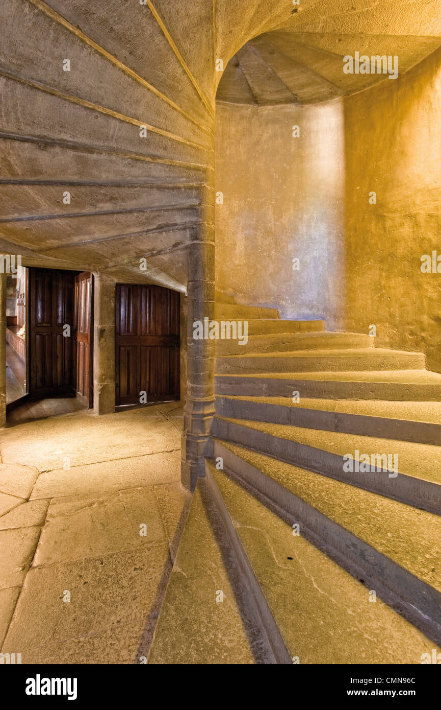 Italy Valle d'Aosta Issogne castle spiral staircase of the XVI century Stock Photo