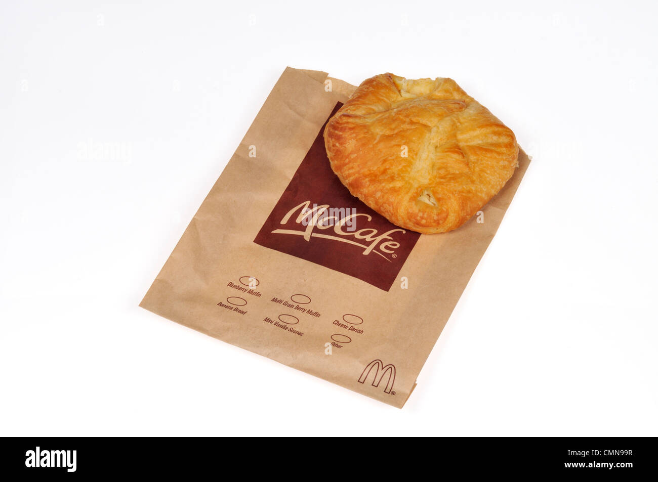McDonald's folded cheese danish with wrapper on white background cut