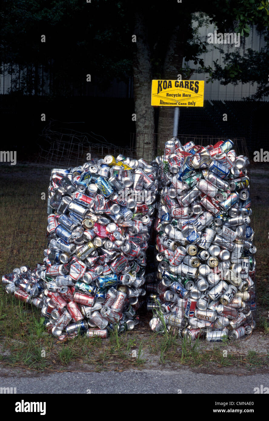 Used aluminum soda pop and beer cans being collected for recycling fill up two wire mesh bins outdoors at a campground in Punta Gorda, Florida, USA. Stock Photo