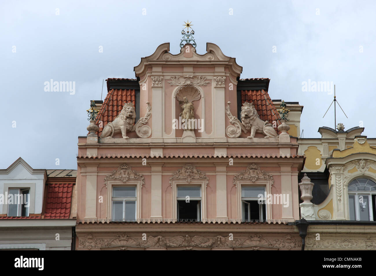 Decorative building facades in Prague's Old Town Square Stock Photo