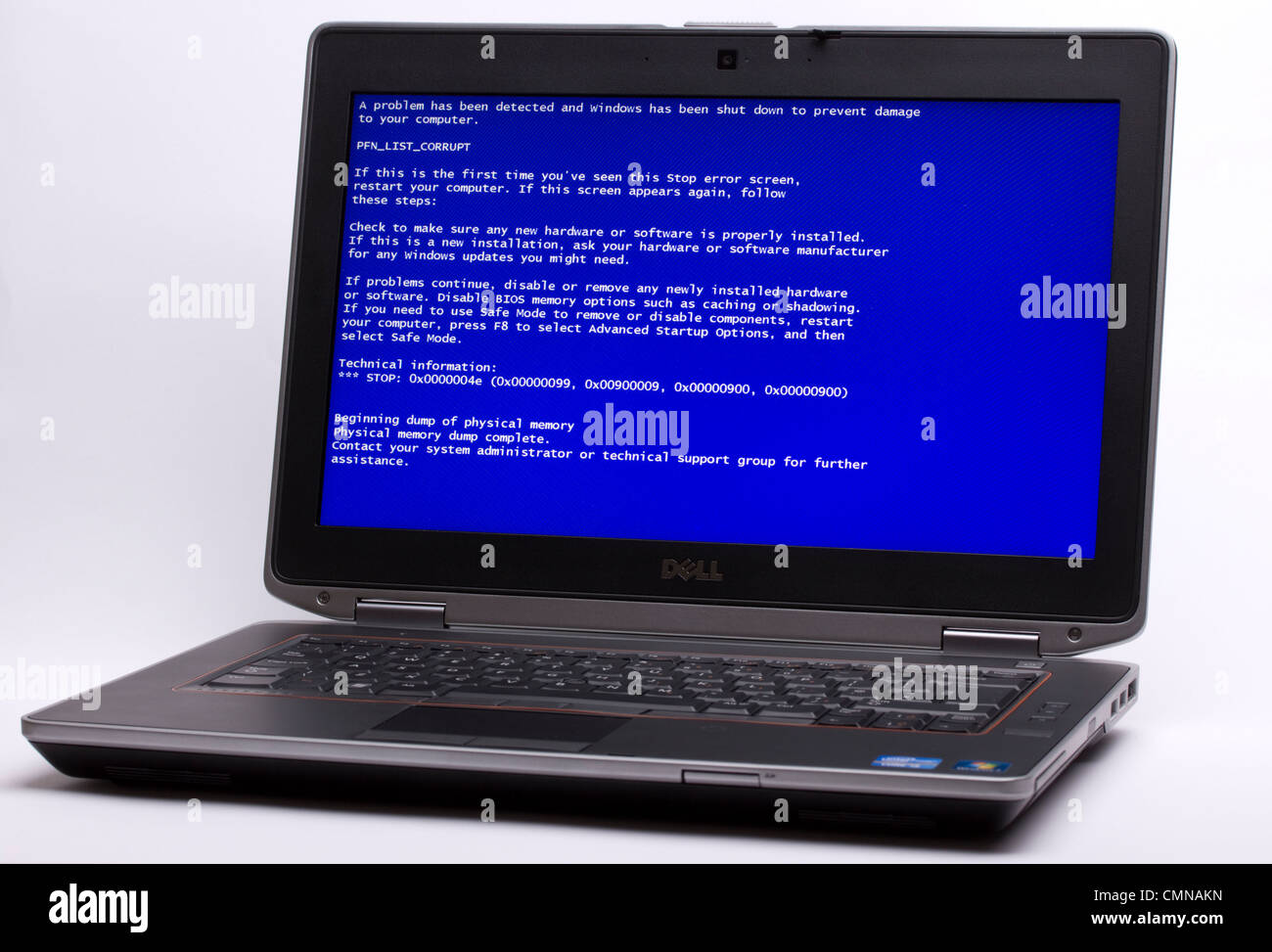 Crashed laptop showing the blue screen of death Stock Photo
