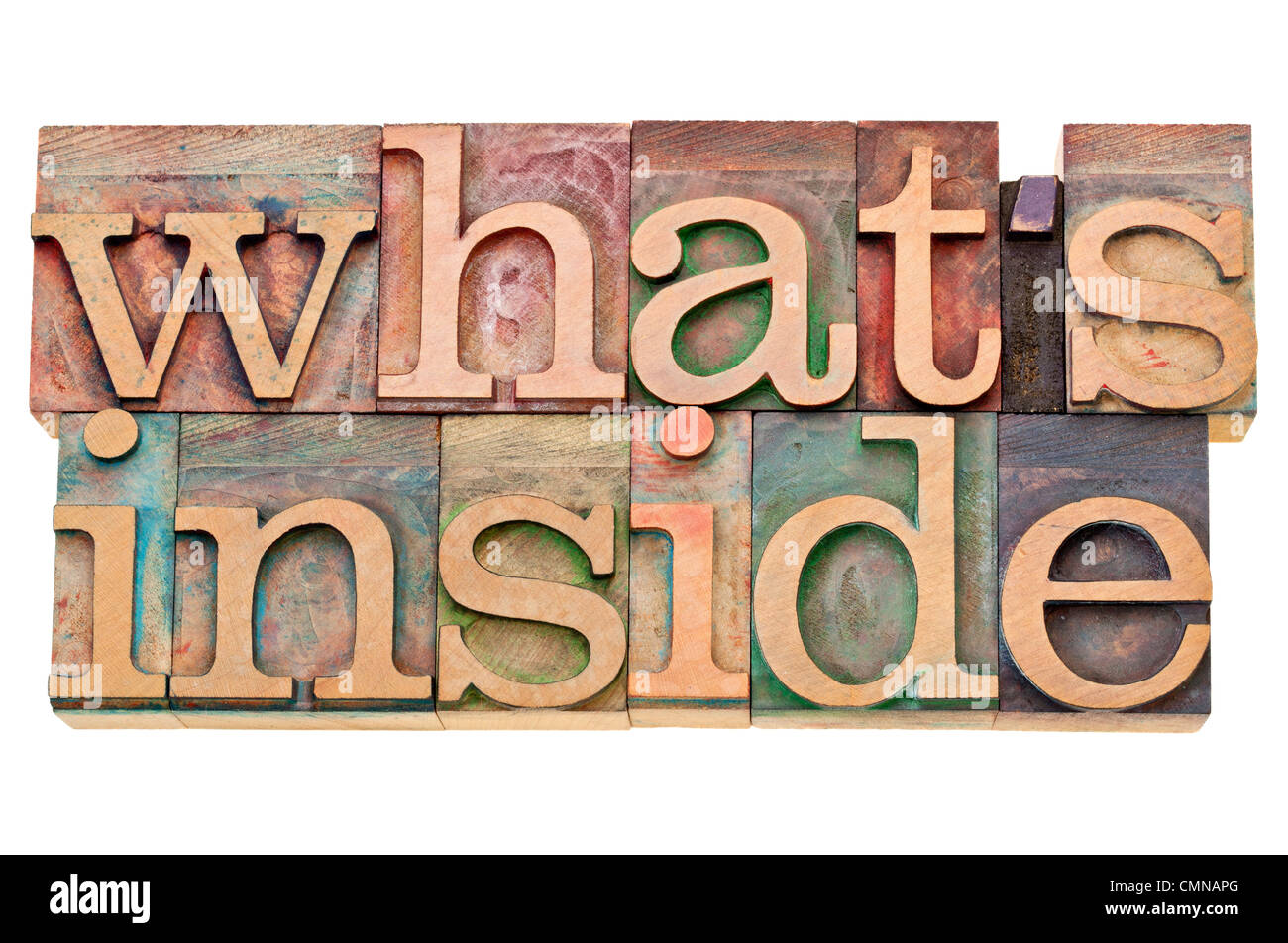what is inside - content concept - isolated text in vintage letterpress wood type Stock Photo