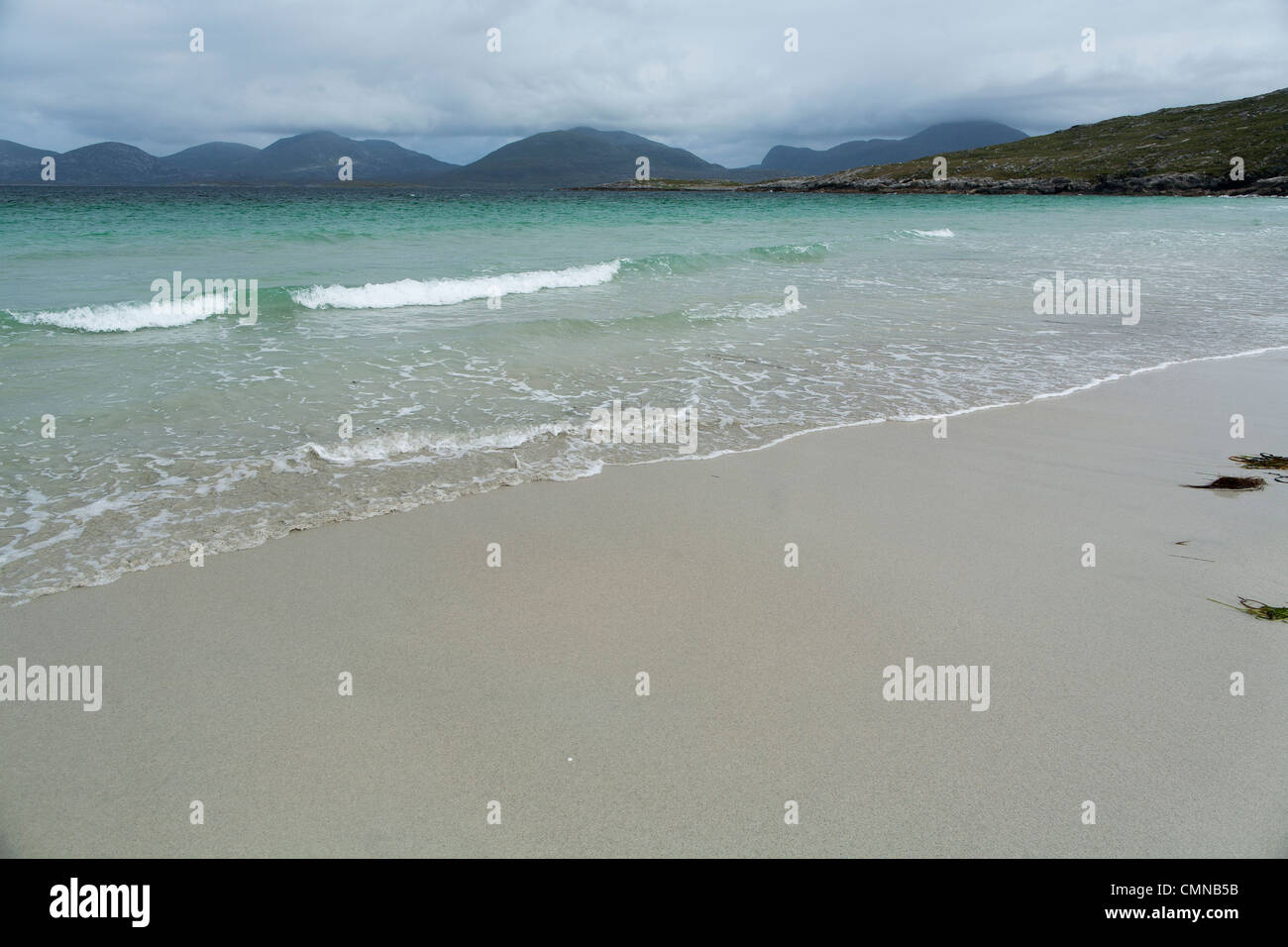 White sandy beaches adorn the north west coast of Scotlands wild lands of Luskentyre in the outer Hebrides. Isle of Lewis Stock Photo