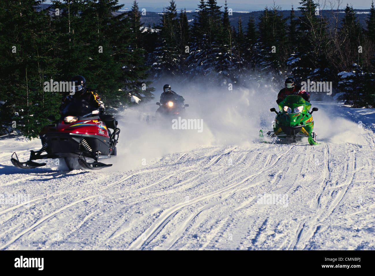 Snowmobiles in Motion, SaintSylvestre,ChaudiereAppalaches region, Quebec Stock Photo Alamy