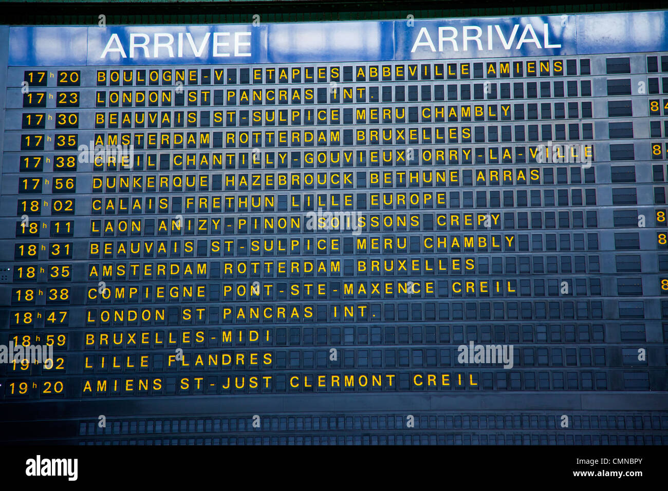 Arrivals board in Gare du Nord in Paris France Stock Photo