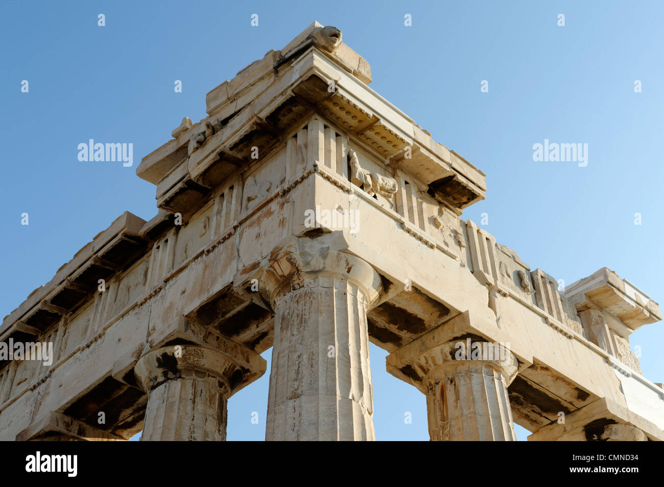 Acropolis. Athens. Greece. Close up view of the entablature and ...