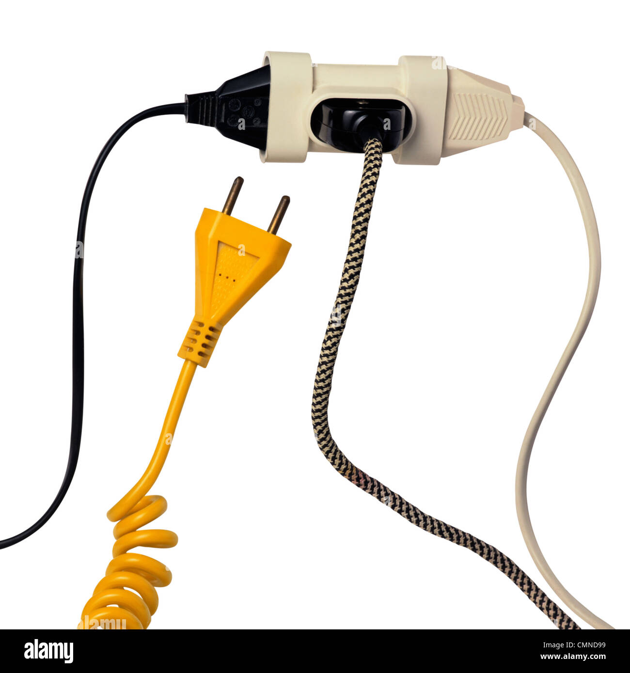 Many power supply plugs and only one free outlet isolated on white