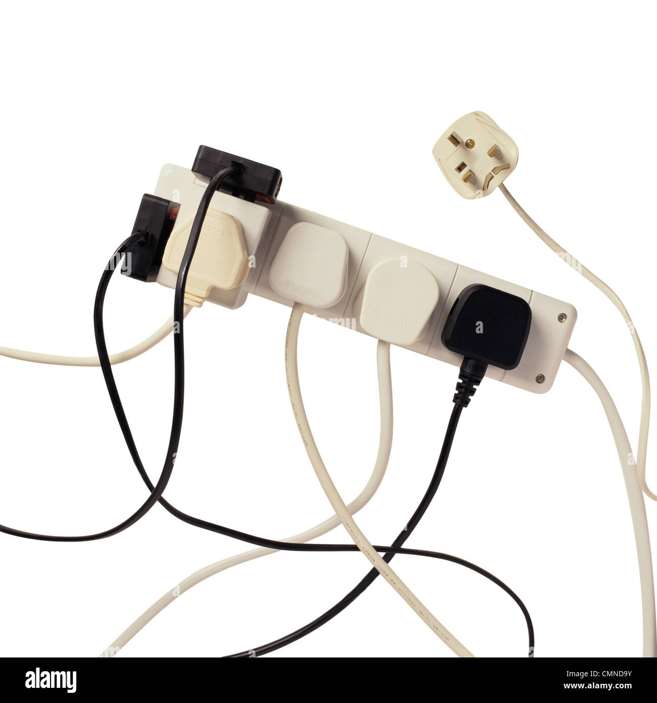 power supply plugs and only one free outlet isolated on white Stock
