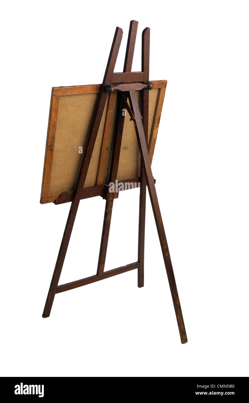 Wooden easel with blank canvas isolated on white background Stock Photo