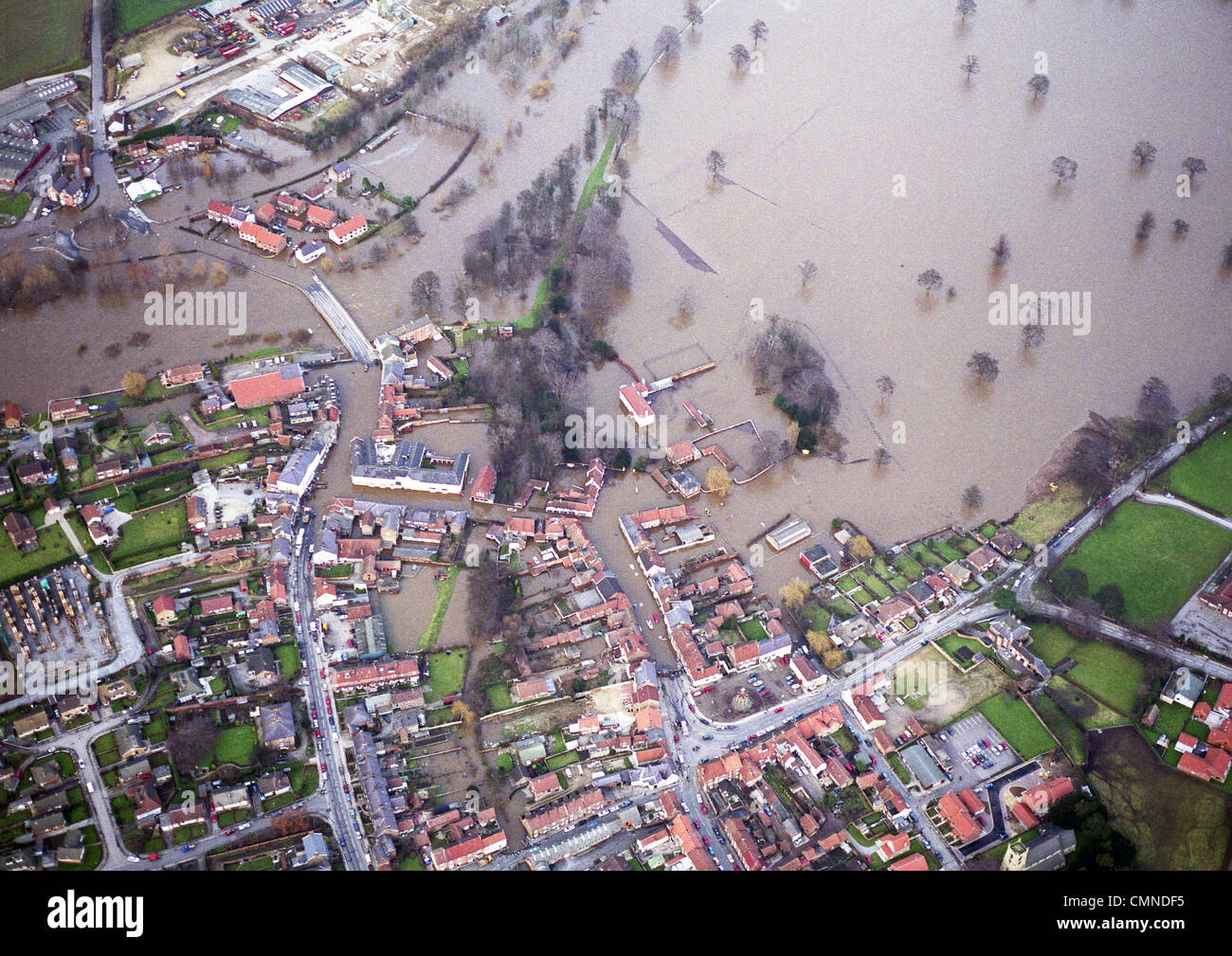 historic aerial view of flooding at Boroughbridge, North Yorkshire, 24th February 1991 Stock Photo