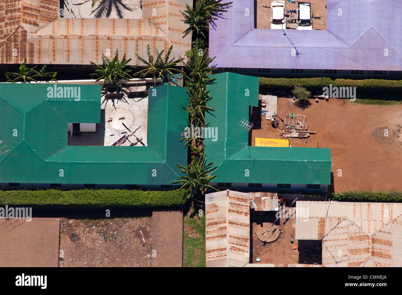 Roofs and courtyards of houses in Moshi, Kilimanjaro Region, Tanzania