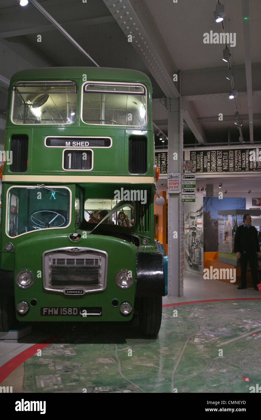 dh M shed museum Bristol BRISTOL DOCKS BRISTOL Inside green bus mshed double decker Stock Photo