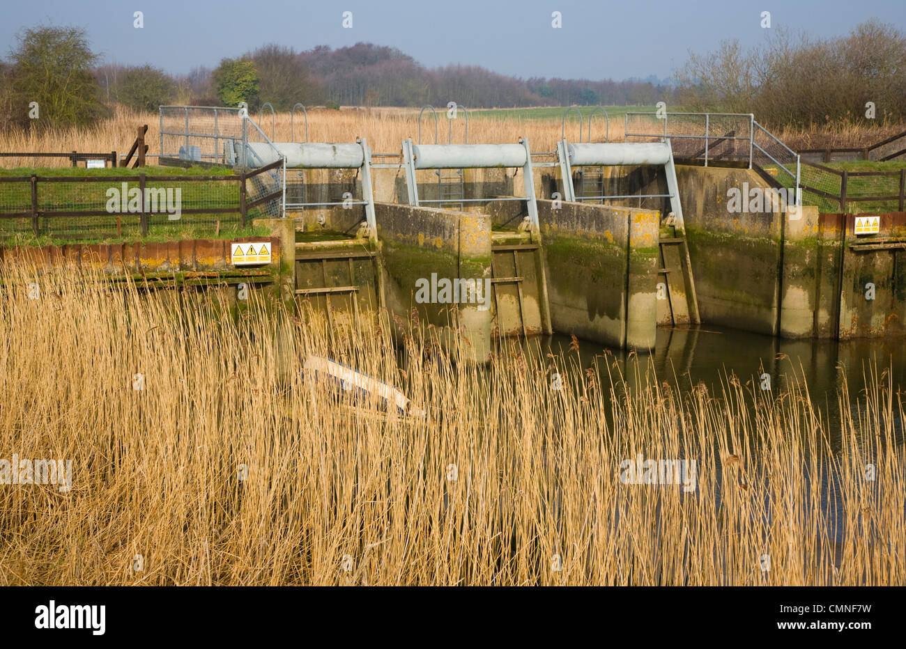 River Alde water control sluice structure in reeds at Snape, Suffolk, England Stock Photo
