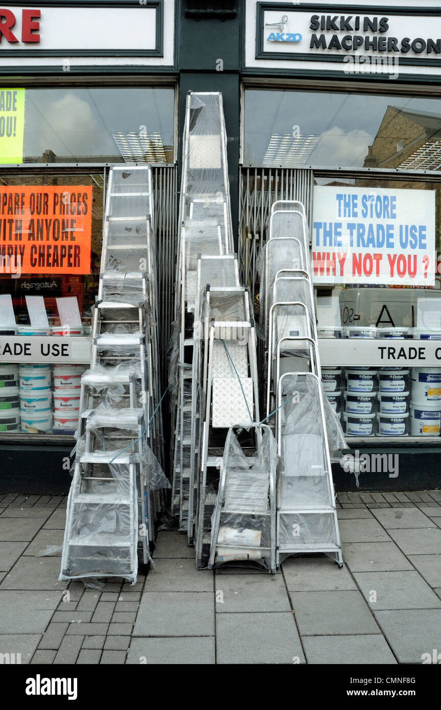 Ladders for sale outside DIY shop, Holloway Road Archway London England