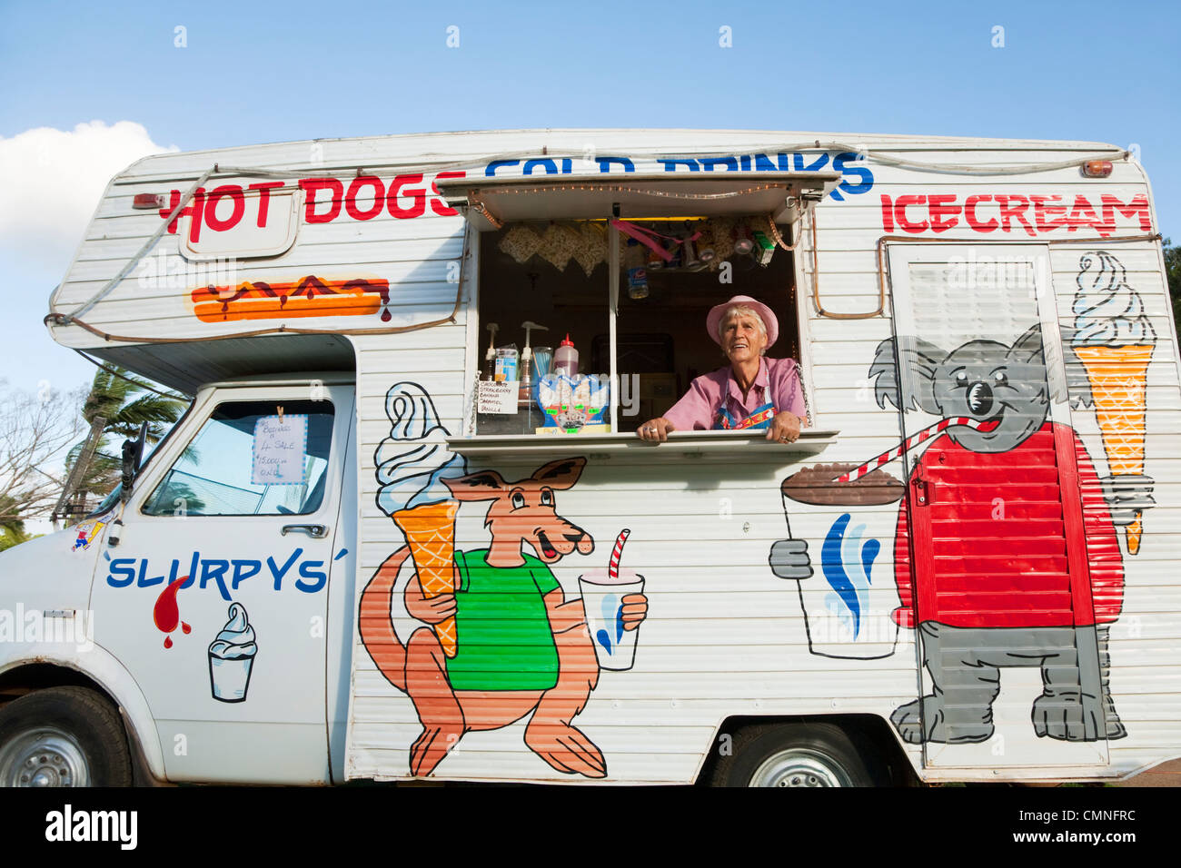 Woman in Australiana themed ice cream van. Cooktown, Queensland, Australia  Stock Photo - Alamy